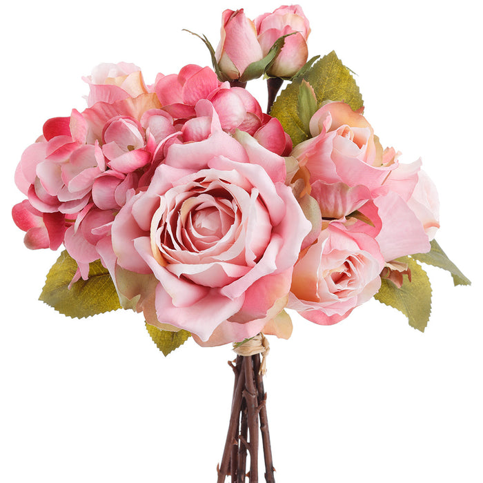 13.5" Hydrangea & Rose Silk Flower Bouquet -Pink/Rose (Pack of 12) - FBQ758-PK/RO