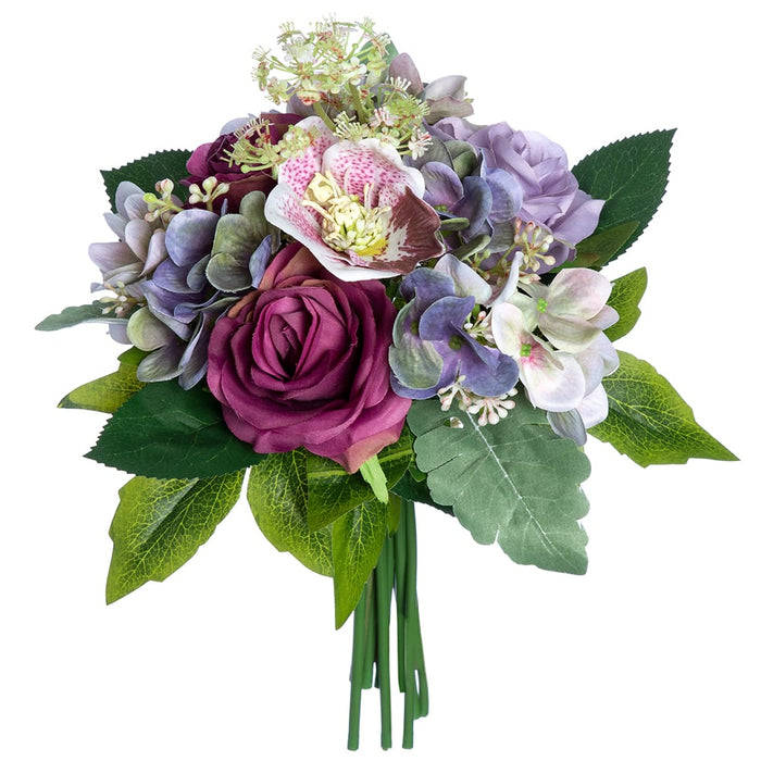 13" Rose & Hydrangea Silk Flower Bouquet -Purple/Lavender (pack of 12) - FBQ789-PU/LV