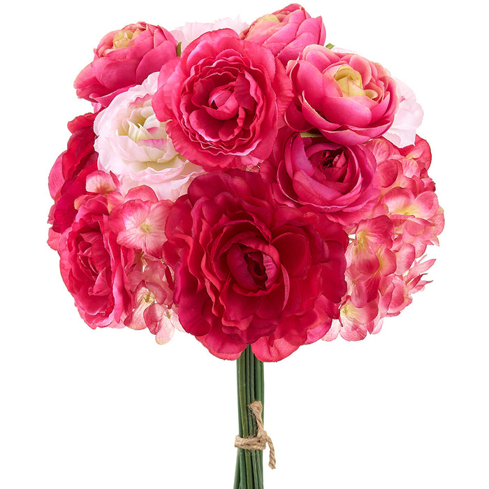 12" Ranunculus & Hydrangea Silk Flower Bouquet -Beauty/Pink (Pack of 6) - FBR003-BT/PK