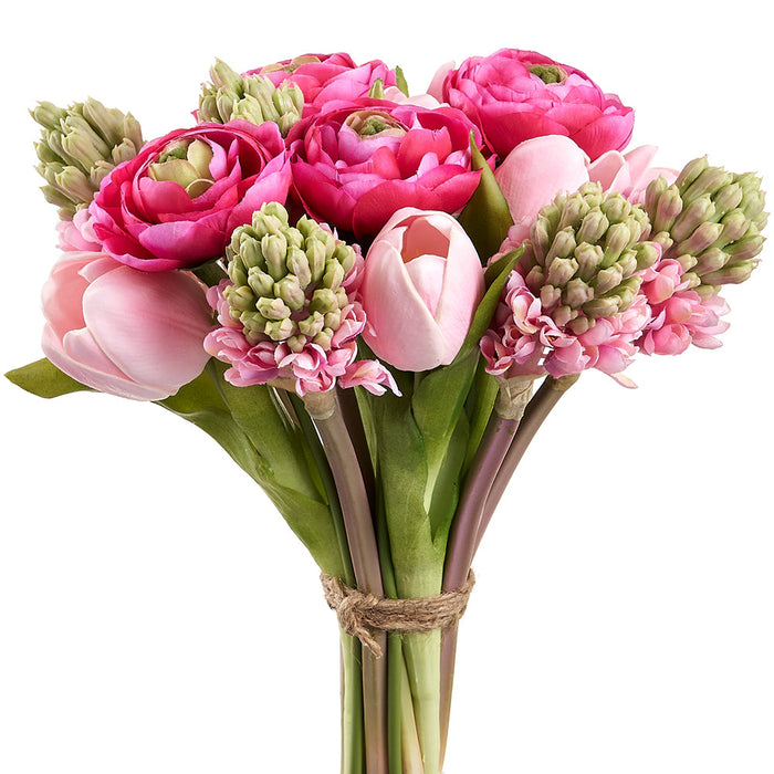 11" Tulip, Ranunculus & Hyacinth Silk Flower Bouquet -Pink/Beauty (Pack of 6) - FBT423-PK/BT