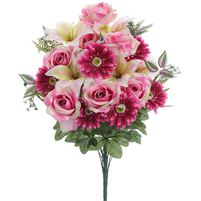 24.5" Mixed Gerbera Daisy, Rose & Lily Silk Flower Bush -Violet/Cream (Pack of 6) - FBX001-VI/CR