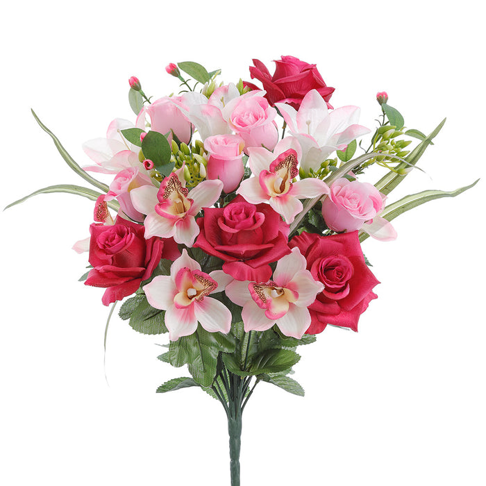 18.5" Mixed Rose, Orchid & Lily Silk Flower Bush -Beauty/Pink (Pack of 6) - FBX002-BT/PK