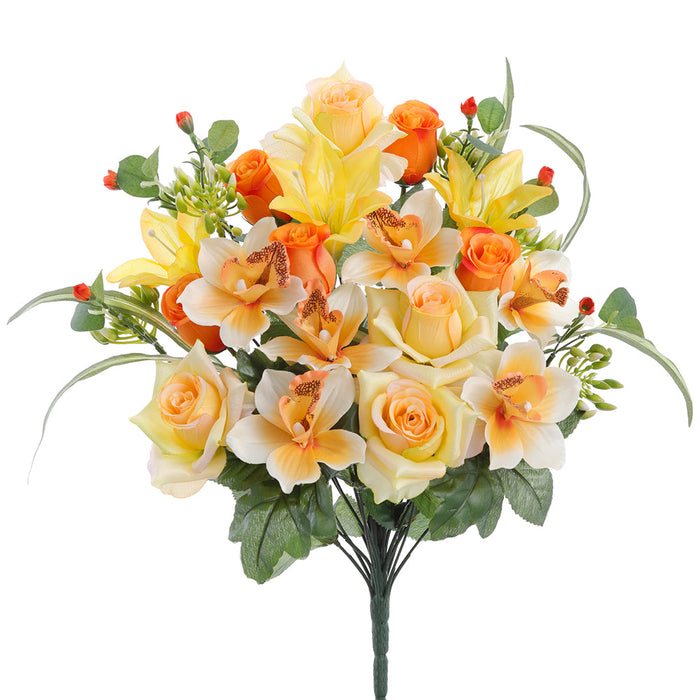 18.5" Mixed Rose, Orchid & Lily Silk Flower Bush -Yellow/Orange (Pack of 6) - FBX002-YE/OR