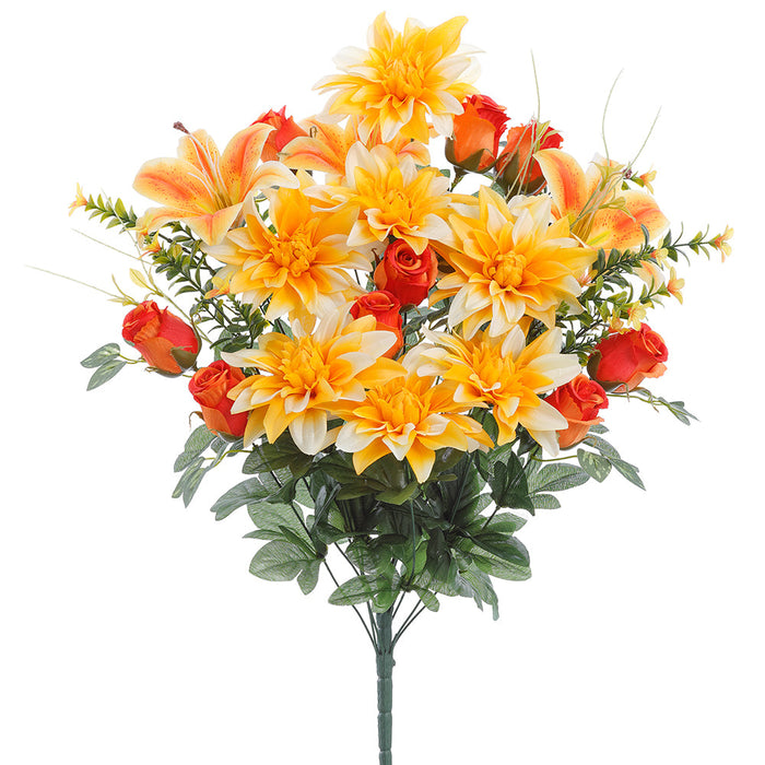 23.5" Mixed Dahlia, Rose & Lily Silk Flower Bush -Yellow/Orange (Pack of 6) - FBX004-YE/OR