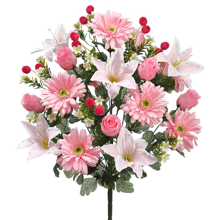 21" Mixed Lily, Gerbera Daisy & Rose Bud Silk Flower Bush -Pink (pack of 6) - FBX111-PK