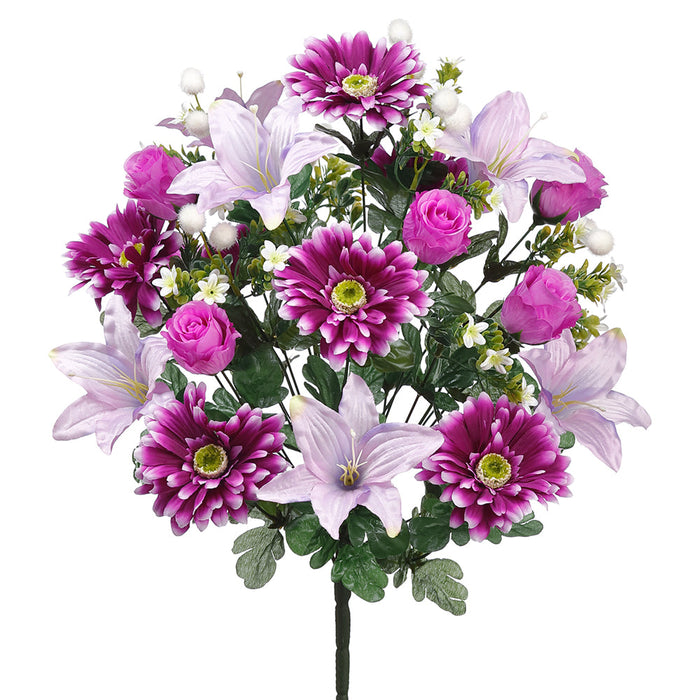 21" Mixed Lily, Gerbera Daisy & Rose Bud Silk Flower Bush -Purple/Lavender (pack of 6) - FBX111-PU/LV