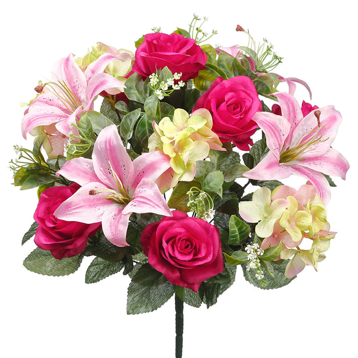 17" Mixed Lily, Rose & Hydrangea Silk Flower Bush -Pink/Beauty (Pack of 12) - FBX116-PK/BT
