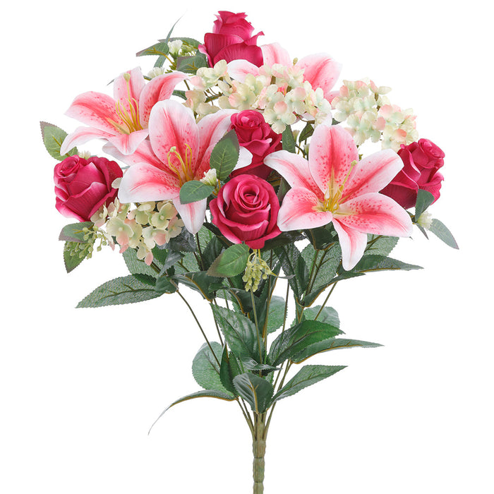 20" Mixed Rose, Lily & Hydrangea Silk Flower Bush -Pink/Green (Pack of 6) - FBX535-PK/GR