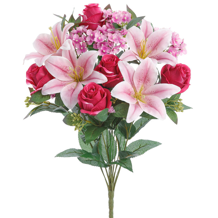 20" Mixed Rose, Lily & Hydrangea Silk Flower Bush -Purple/Beauty (Pack of 6) - FBX535-PU/BT