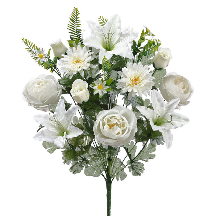 23" Mixed Lily, Rose & Gerbera Daisy Silk Flower Bush -White (Pack of 6) - FBX586-WH