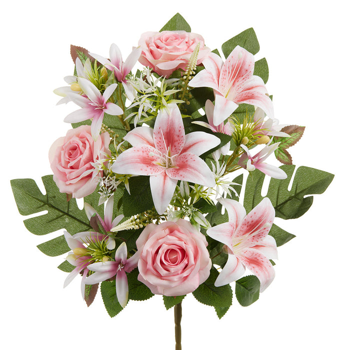 19.5" Mixed Rose & Lily Silk Flower Bush -2 Tone Pink (Pack of 6) - FBX797-PK/TT