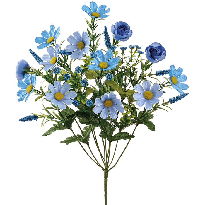 19" Mixed Daisy & Ranunculus Silk Flower Bush -Blue (Pack of 12) - FBX820-BL