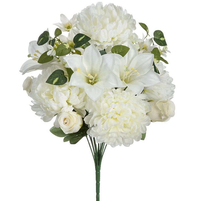 18.5" Mixed Mum, Lily & Rose Bud Silk Flower Bush -Cream/White (Pack of 6) - FBX903-CR/WH