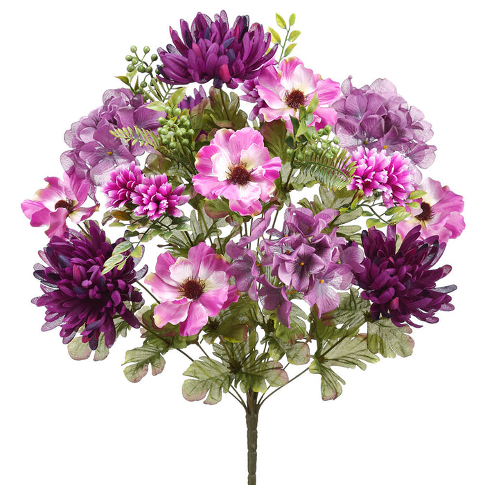 22" Mixed Mum & Hydrangea Silk Flower Bush -Purple/Boysenberry (Pack of 6) - FBX920-PU/BB