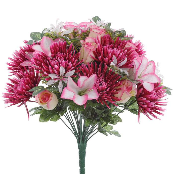 16" Mixed Mum, Amaryllis & Rose Silk Flower Bush -Boysenberry/Cream (Pack of 6) - FBX992-BB/CR