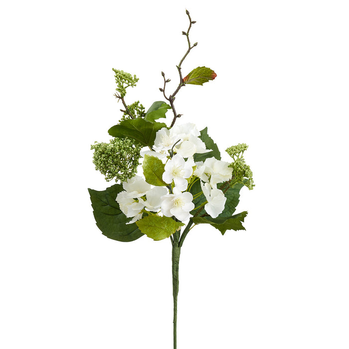 17" Mixed Hydrangea & Snowball Silk Flower Stem -White (Pack of 12) - FKH023-WH