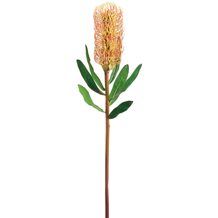 30" Artificial Banksia Protea Flower Stem -Flame/Green (Pack of 12) - FSB784-FL/GR