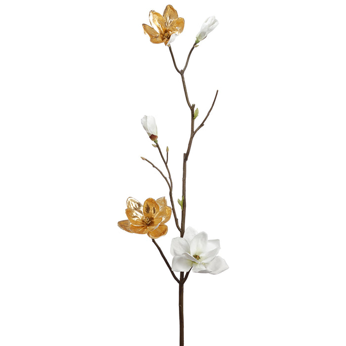 37" Silk Magnolia Flower Stem -White/Gold (pack of 2) - FSM418-WH/GO