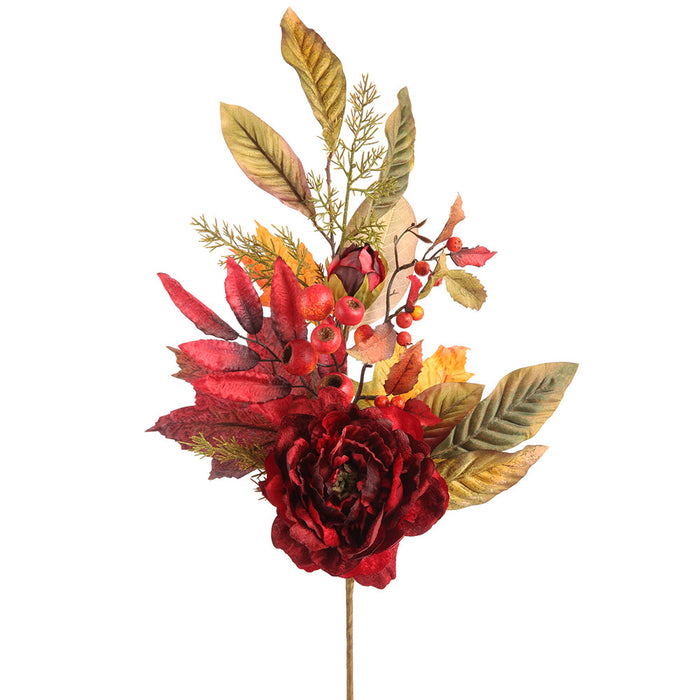 28" Peony Flower, Berry & Maple Leaf Artificial Stem -Burgundy/Green (Pack of 12) - FSP014-BU/GR