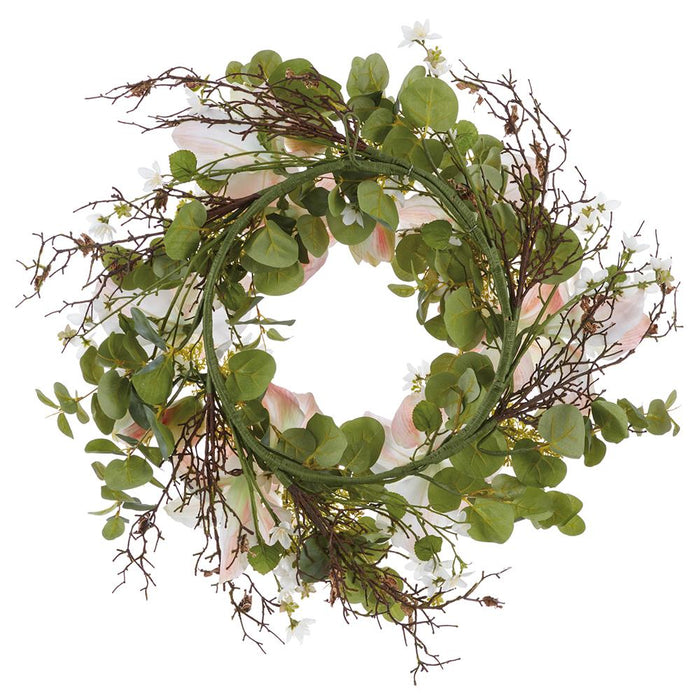 24" Amaryllis, Queen Anne's Lace & Eucalyptus Leaf Silk Flower Wreath -Coral/Green (Pack of 2) - FWA825-CO/GR
