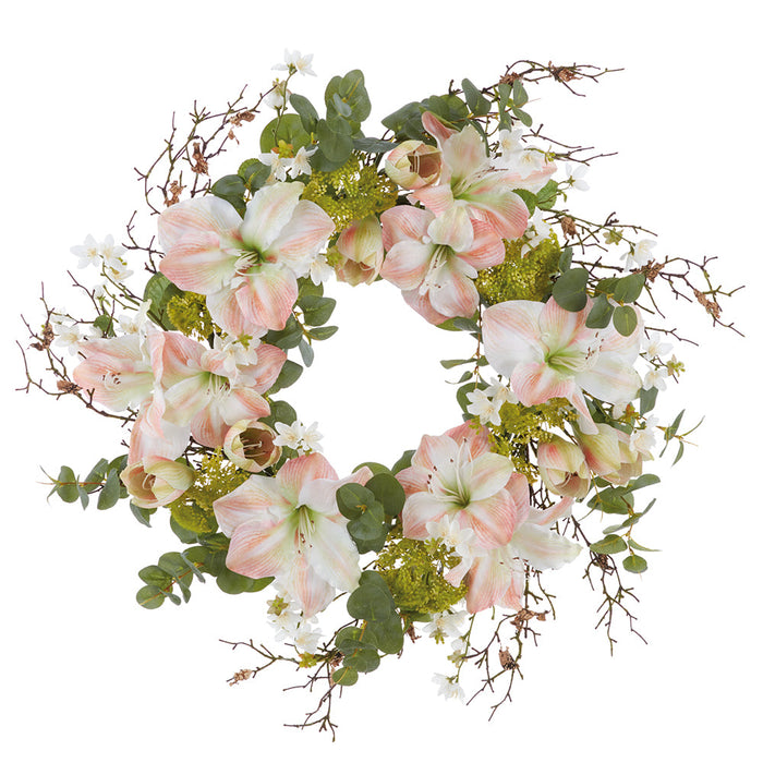 24" Amaryllis, Queen Anne's Lace & Eucalyptus Leaf Silk Flower Wreath -Coral/Green (Pack of 2) - FWA825-CO/GR