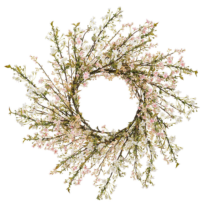 35" Mini Cherry Blossom Silk Flower Wreath -White/Pink - FWB195-WH/PK