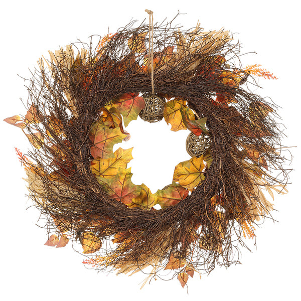 24" Artificial Twig Ball, Maple Leaf & Corn Husk Wreath -Brown/Burgundy (Pack of 4) - FWB500-BR/BU