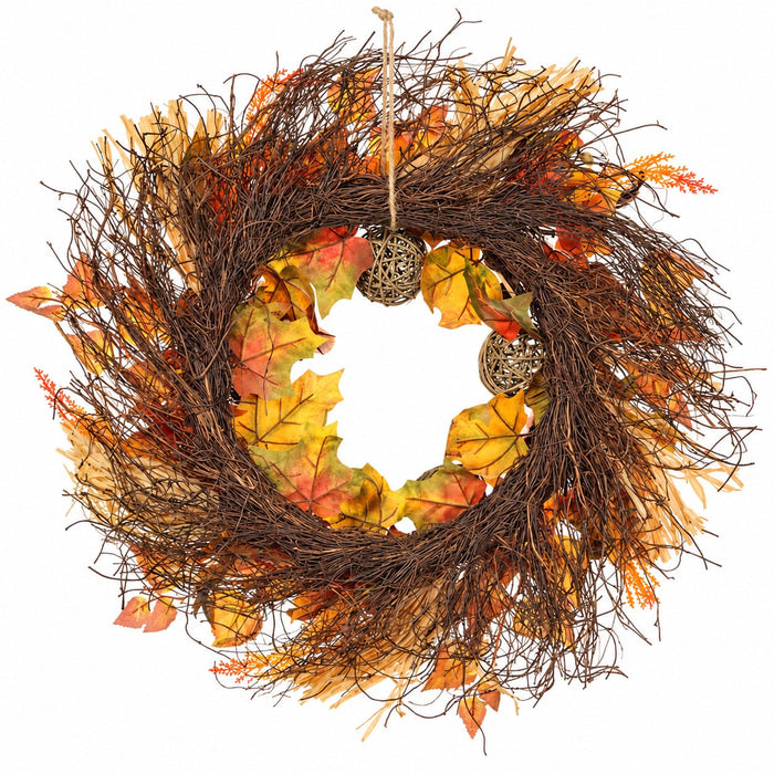 24" Artificial Twig Ball, Maple Leaf & Corn Husk Wreath -Brown/Burgundy (Pack of 4) - FWB500-BR/BU