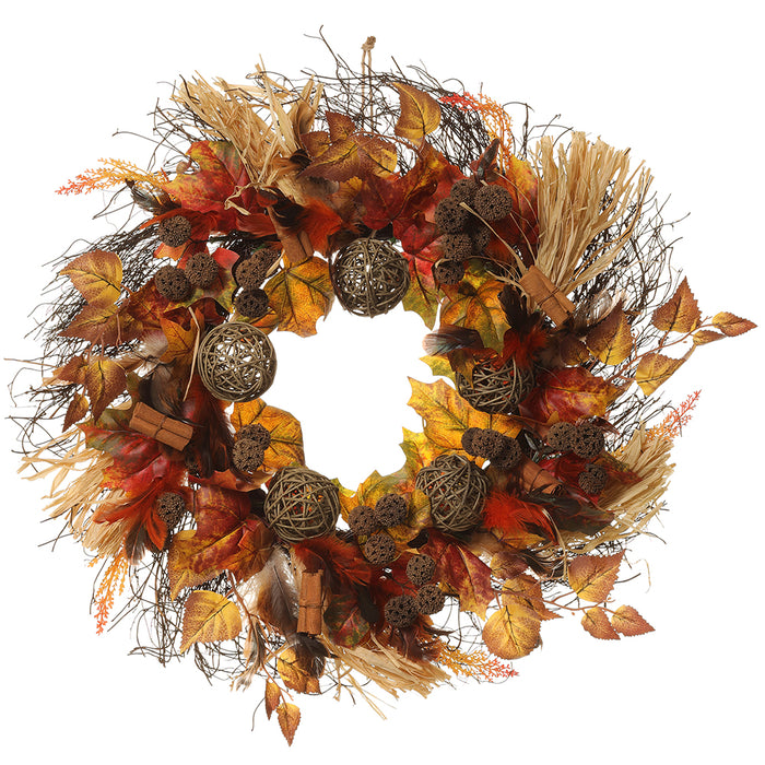 24" Artificial Twig Ball, Maple Leaf & Corn Husk Wreath -Brown/Burgundy (Pack of 4) - FWB500-BR/BU