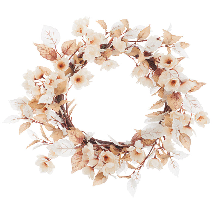 17" Saffron Crocus Flower & Beech Leaf Silk Wreath -Tan/Beige (Pack of 6) - FWB814-TN/BE
