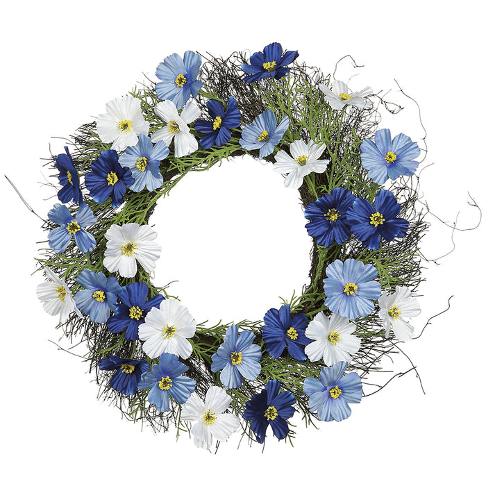 24" Cosmos Silk Flower Wreath -2 Tone Blue (Pack of 4) - FWC154-BL/TT