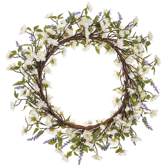 24" Cherry Blossom & Lavender Silk Flower Wreath -Cream/Lavender (Pack of 2) - FWC255-CR/LV