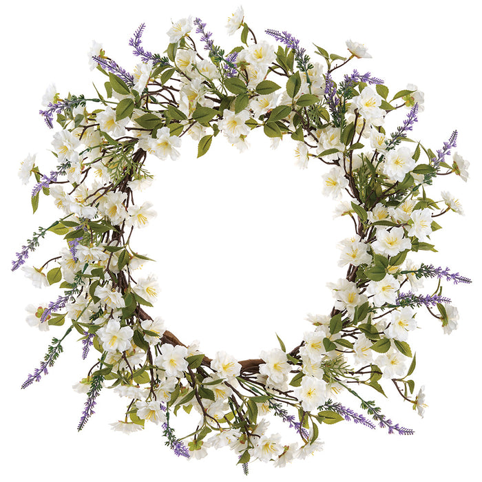 24" Cherry Blossom & Lavender Silk Flower Wreath -Cream/Lavender (Pack of 2) - FWC255-CR/LV
