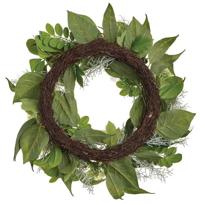 22" Cosmos, Hydrangea & Snowball Silk Flower Wreath -White/Green - FWC300-WH/GR