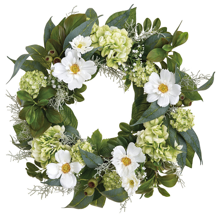 22" Cosmos, Hydrangea & Snowball Silk Flower Wreath -White/Green - FWC300-WH/GR