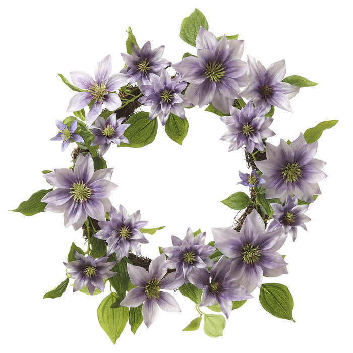 22" Silk Clematis Flower Hanging Wreath -Lavender (pack of 2) - FWC327-LV