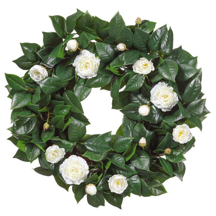 26" Camellia Silk Flower Hanging Wreath -White (pack of 2) - FWC426-WH
