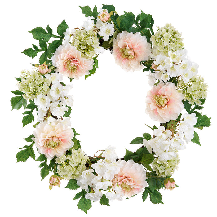 22" Dahlia & Snowball Silk Flower Wreath -Peach/Cream (Pack of 2) - FWD006-PE/CR
