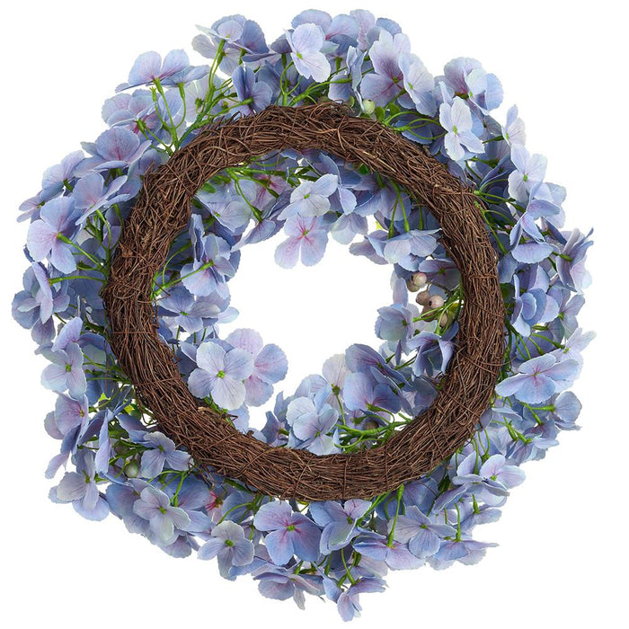 20" Hydrangea & Fern Leaf Silk Flower Hanging Wreath -Blue (pack of 2) - FWH051-BL