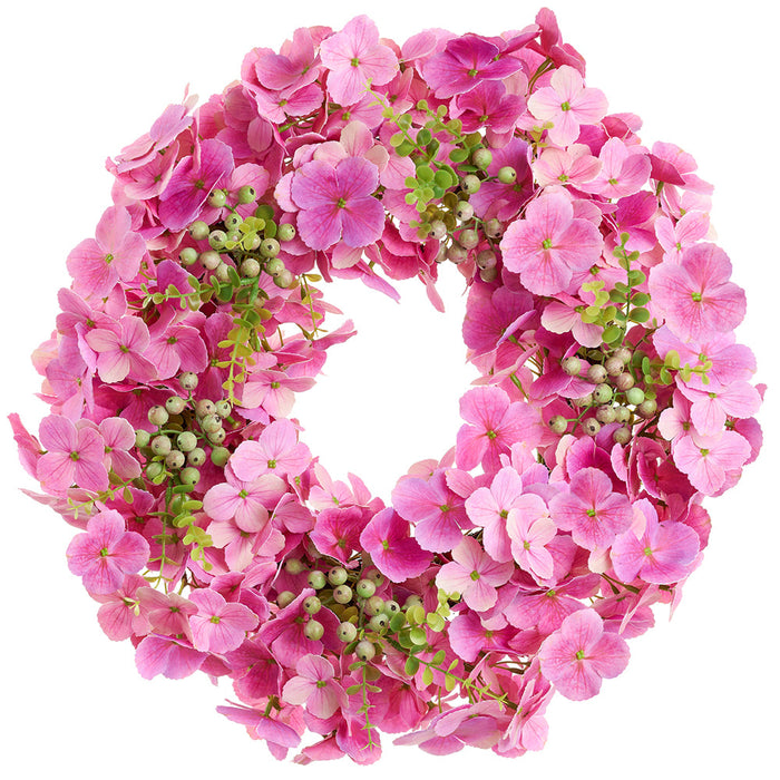 20" Hydrangea & Fern Leaf Silk Flower Hanging Wreath -Pink (pack of 2) - FWH051-PK