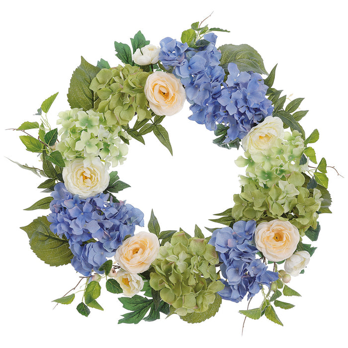 24" Silk Hydrangea Flower Wreath -Green/Blue (Pack of 2) - FWH084-GR/BL
