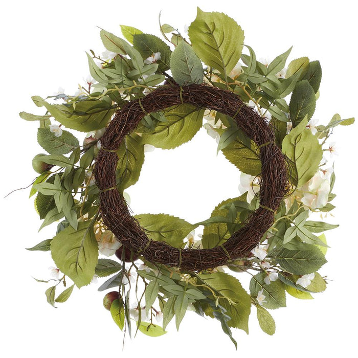 24" Hydrangea, Blossom & Apple Silk Flower Wreath -White/Green - FWH105-WH/GR