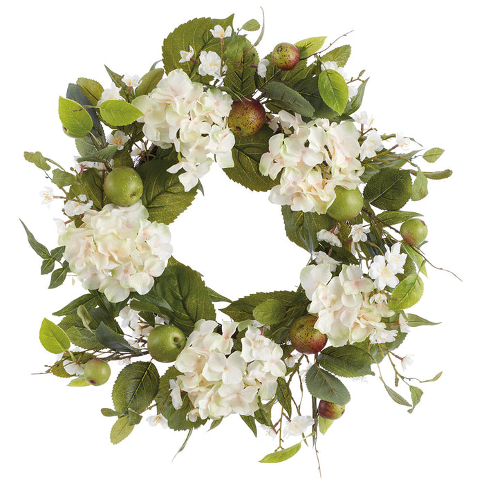 24" Hydrangea, Blossom & Apple Silk Flower Wreath -White/Green - FWH105-WH/GR
