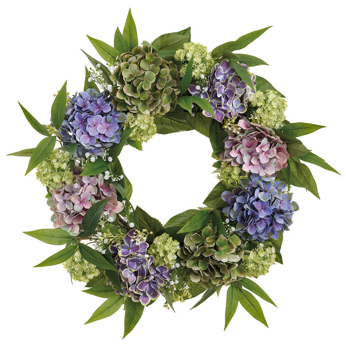 22" Hydrangea, Snowball & Baby's Breath Silk Flower Wreath -Purple/Green - FWH555-PU/GR