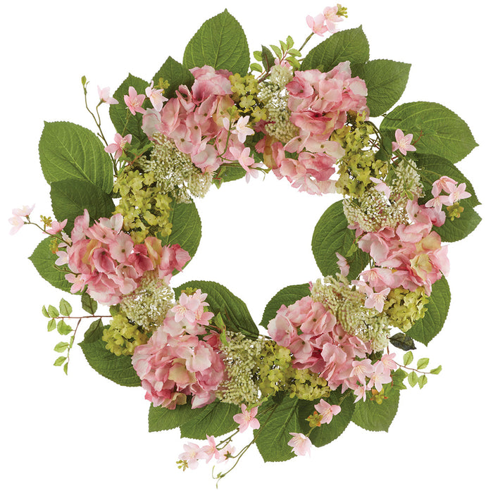 24" Hydrangea, Snowball & Blossom Silk Flower Wreath -Pink/Green (Pack of 2) - FWH822-PK/GR