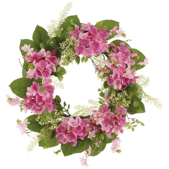 24" Hydrangea, Rose Myrtle & Mint Leaf Silk Flower Wreath -2 Tone Pink (Pack of 2) - FWH842-PK/TT