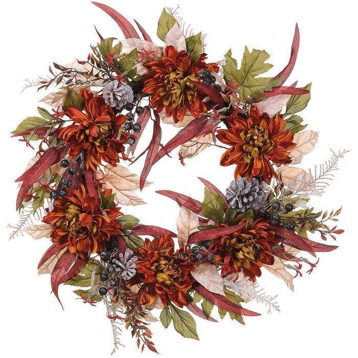 28" Silk Mum Flower, Pinecone & Eucalyptus Leaf Hanging Wreath -Rust/Beige (pack of 2) - FWM076-RU/BE