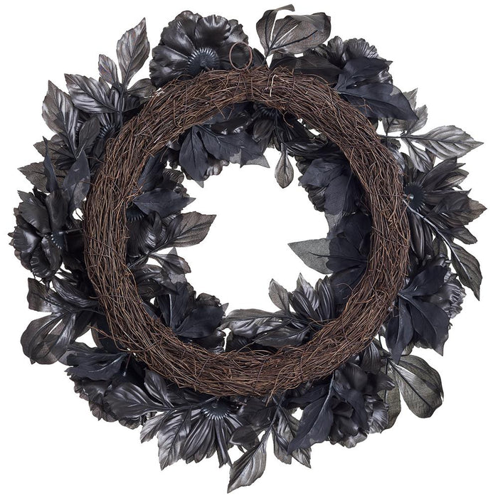 24" Halloween Mum & Peony Silk Flower Wreath -Black (Pack of 4) - FWM218-BK