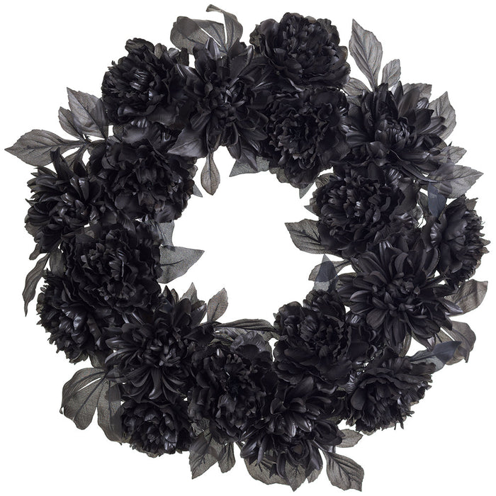 24" Halloween Mum & Peony Silk Flower Wreath -Black (Pack of 4) - FWM218-BK