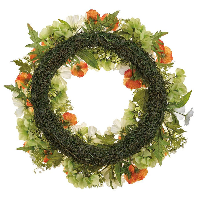 24" Poppy, Cosmos & Snowball Silk Flower Wreath -White/Orange (Pack of 2) - FWP047-WH/OR